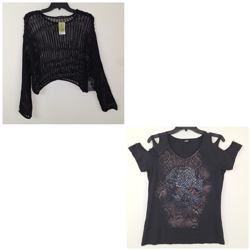 Harley Davidson Skull Cold Shoulder Top & Black‎ Crochet Crop Sweater Lot Size M